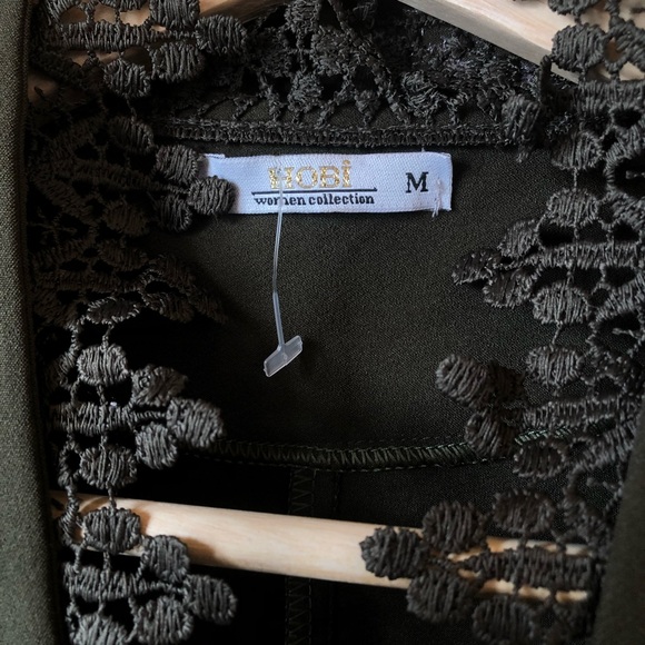 Open Front Blazer w Crochet Lace Trim in Olive - Picture 5 of 11